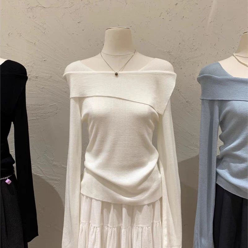 春秋新款法式翻领长袖针织毛衣设计感内搭打底衫气质上衣