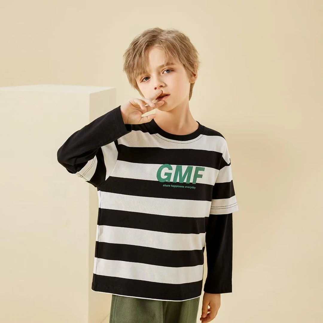 【编号R485】GY3302-26-儿童拼接袖条纹T恤 黑白条纹-GMF