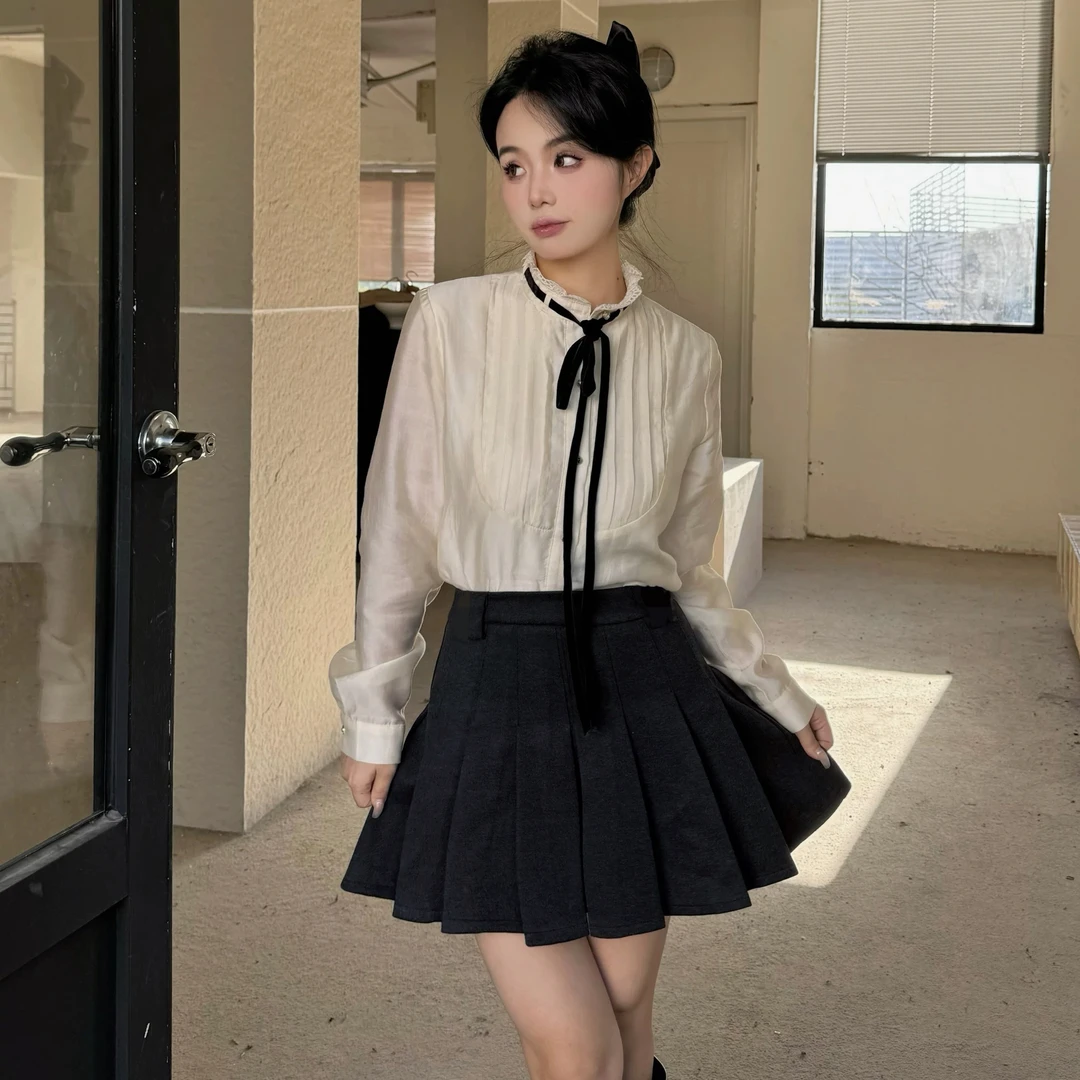 新疆包邮“千岛森会”8235#毛呢百褶半裙（配腰带）