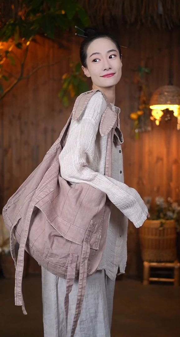 唐不染 -复古做旧文艺亚麻布包63556