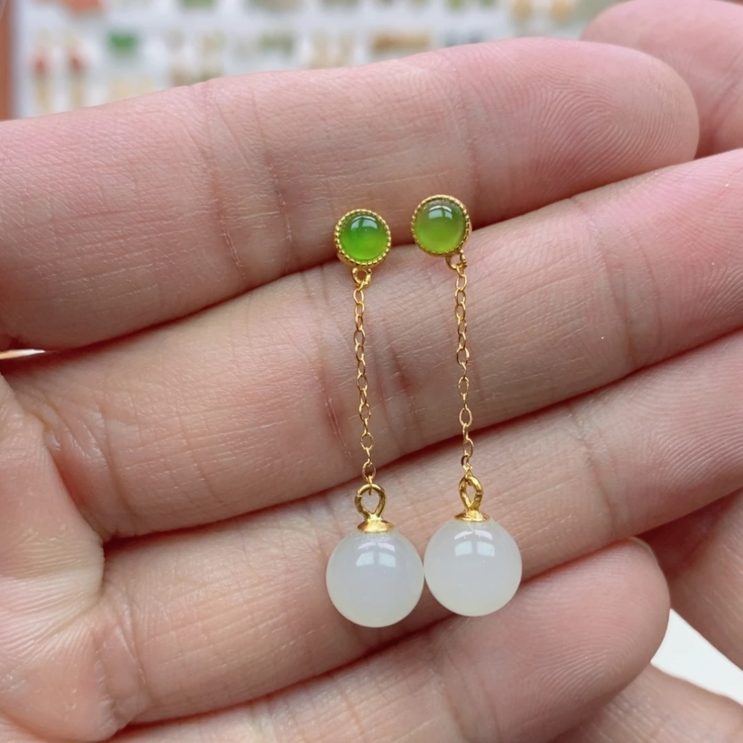 和田玉银S925镶嵌耳饰