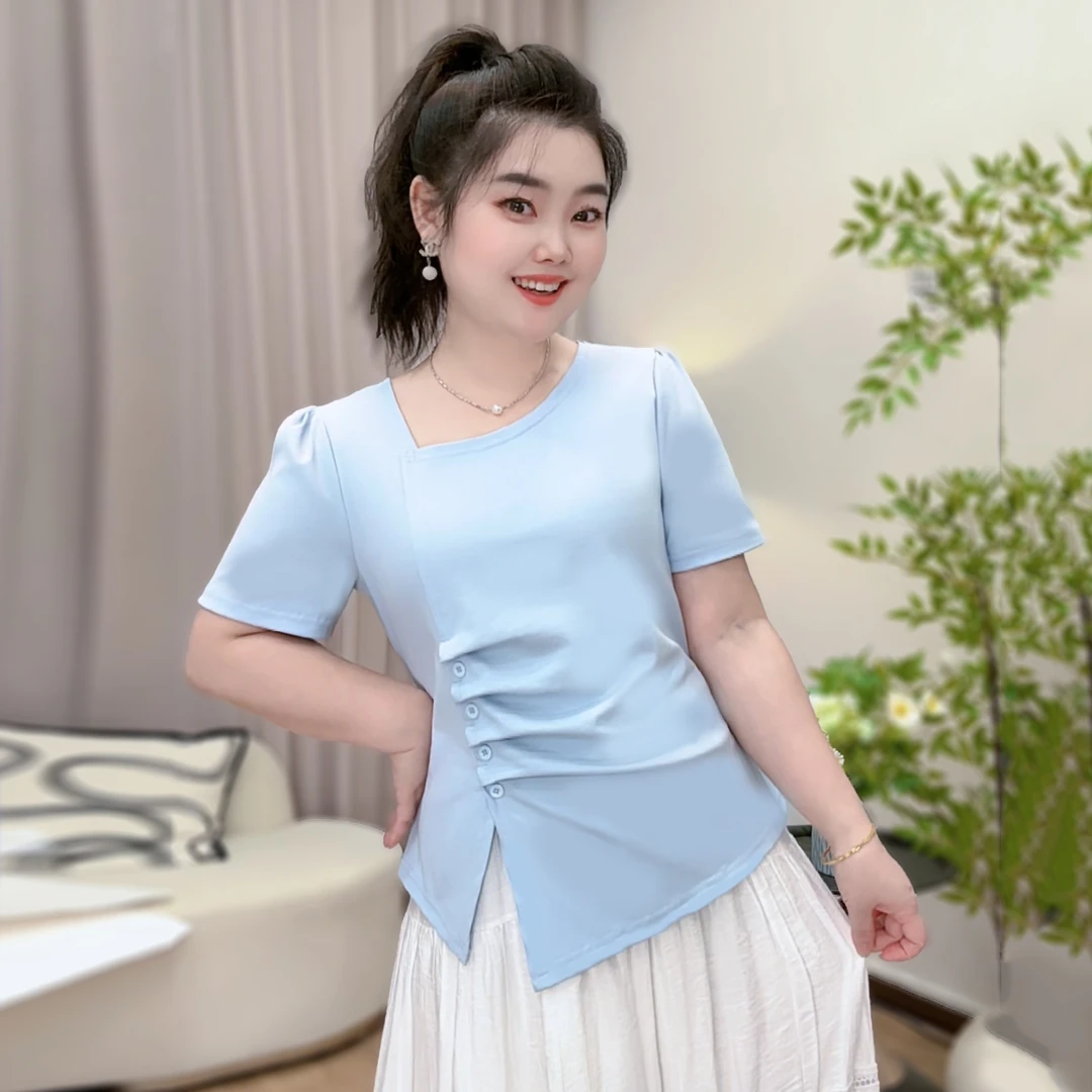 2025夏装新款胖mm大码女甜辣妹斜领不规则收腰轻薄短袖体恤
