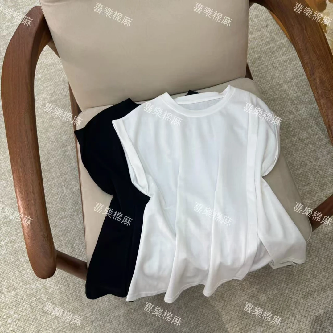 喜樂   2025圆领纯色捏褶开叉T恤短袖夏季新款时尚百搭简约休闲女