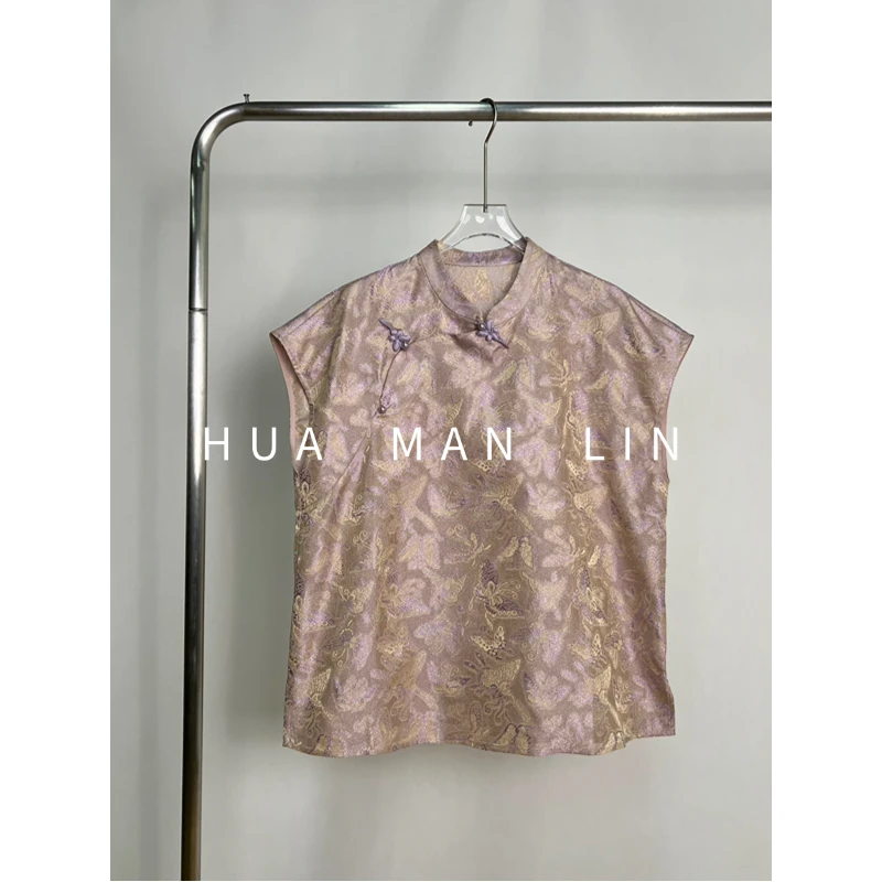 【花满林】小立领斜门襟蝴蝶四经八纬绞罗真丝桑蚕丝上衣251414