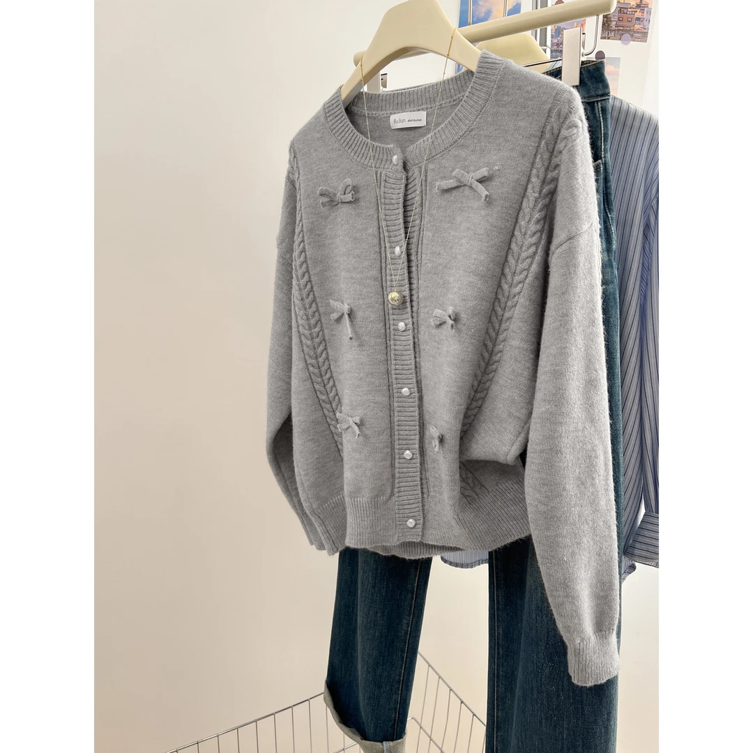 蝴蝶结灰色针织开衫毛衣女秋冬甜美气质小香风上衣超好看漂亮外套