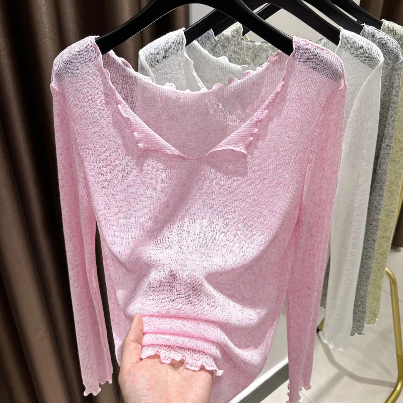 粉色冰丝针织防晒衣女夏季2025新款宽松外搭镂空罩衫透视薄纱上衣