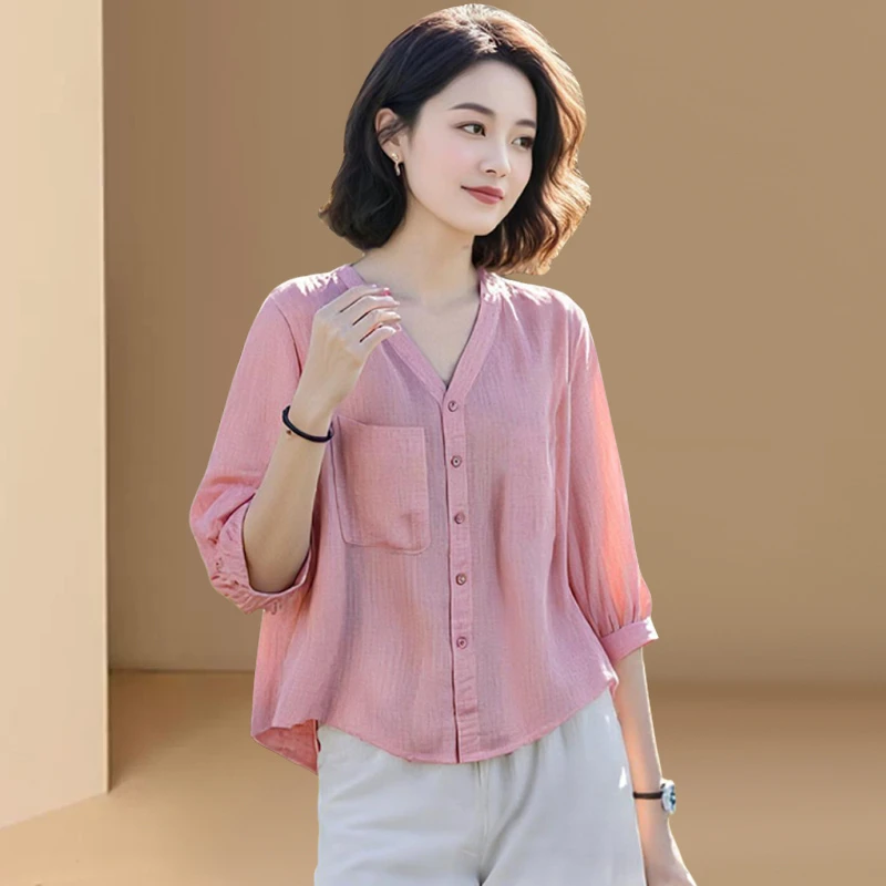 爆款2025夏季新款V领时尚衬衫遮肉显瘦遮肚子五分袖衬衣上衣女
