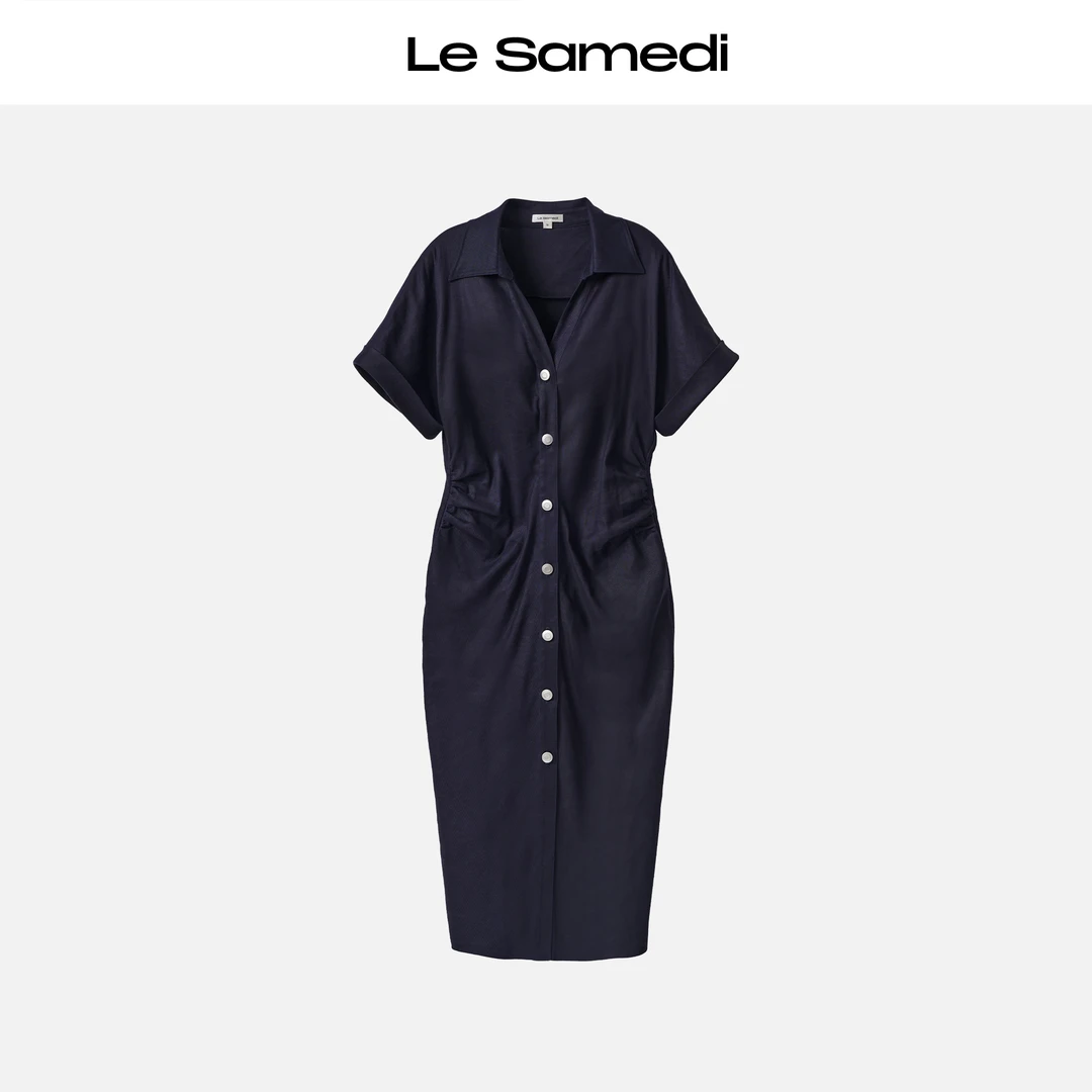Le Samedi【星夜茶歇】清冽艺术 腰身打褶短袖翻领气质迷笛裙