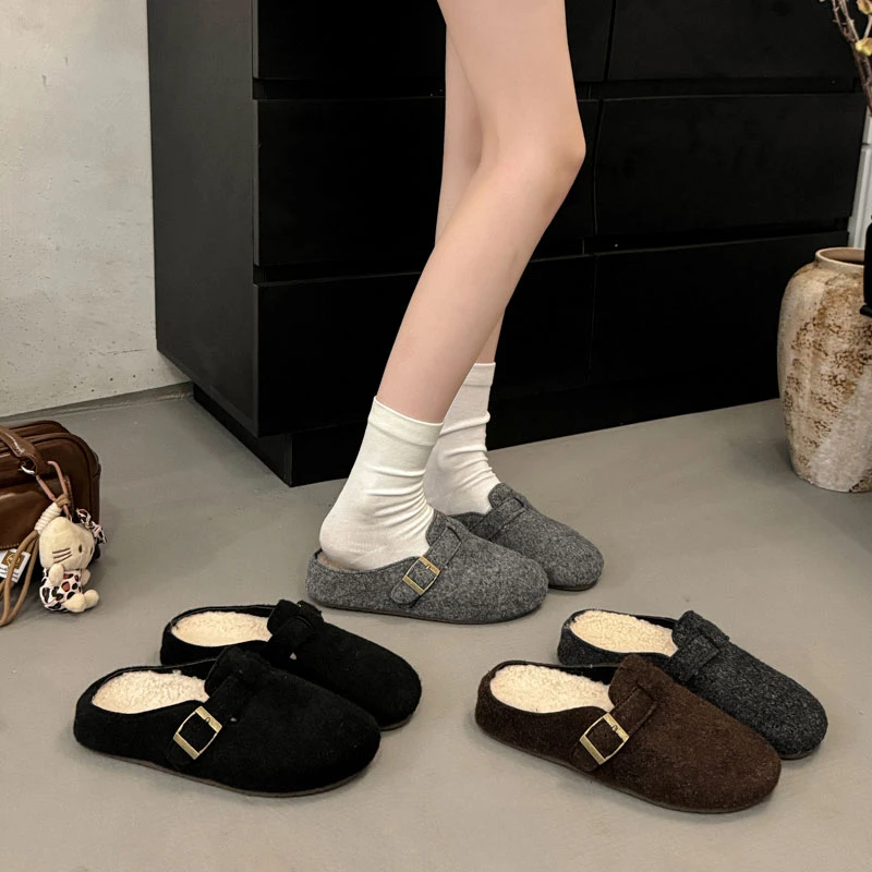 勃肯鞋女2025秋冬季加绒加厚新款包头半拖鞋外穿一脚蹬懒人棉拖鞋
