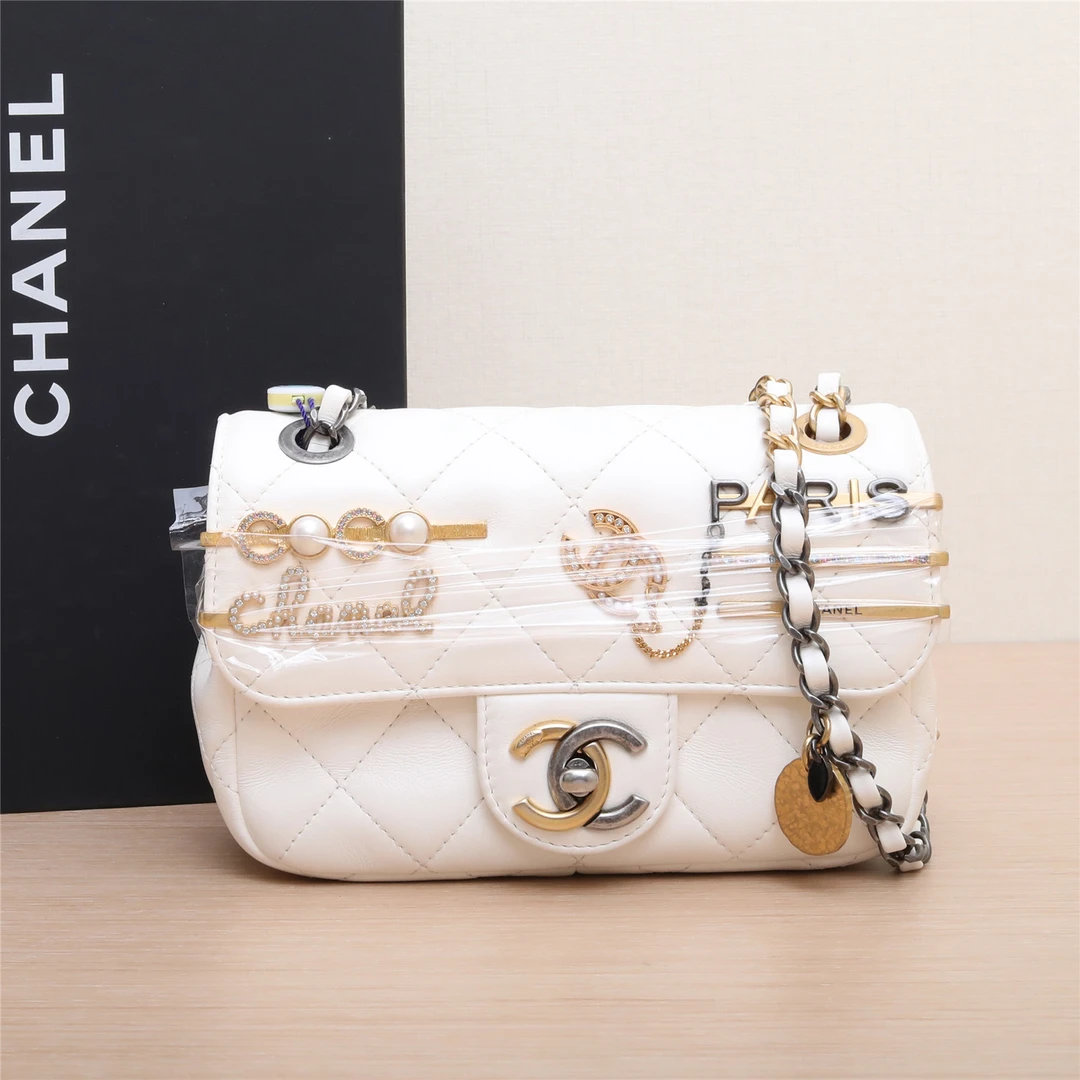 99新 Chanel/香奈儿 活动姑姑22C CF 口盖包 方胖子 白色 金银扣