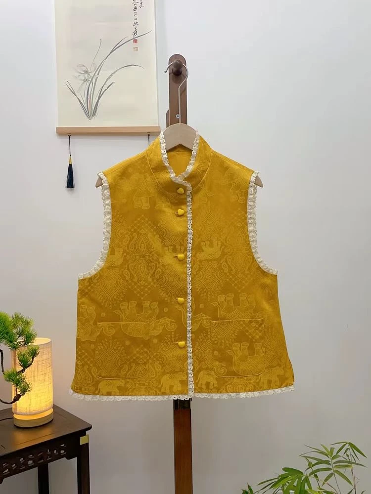 2025早春新款提花时尚蕾丝花边马夹新中式国风背心上衣