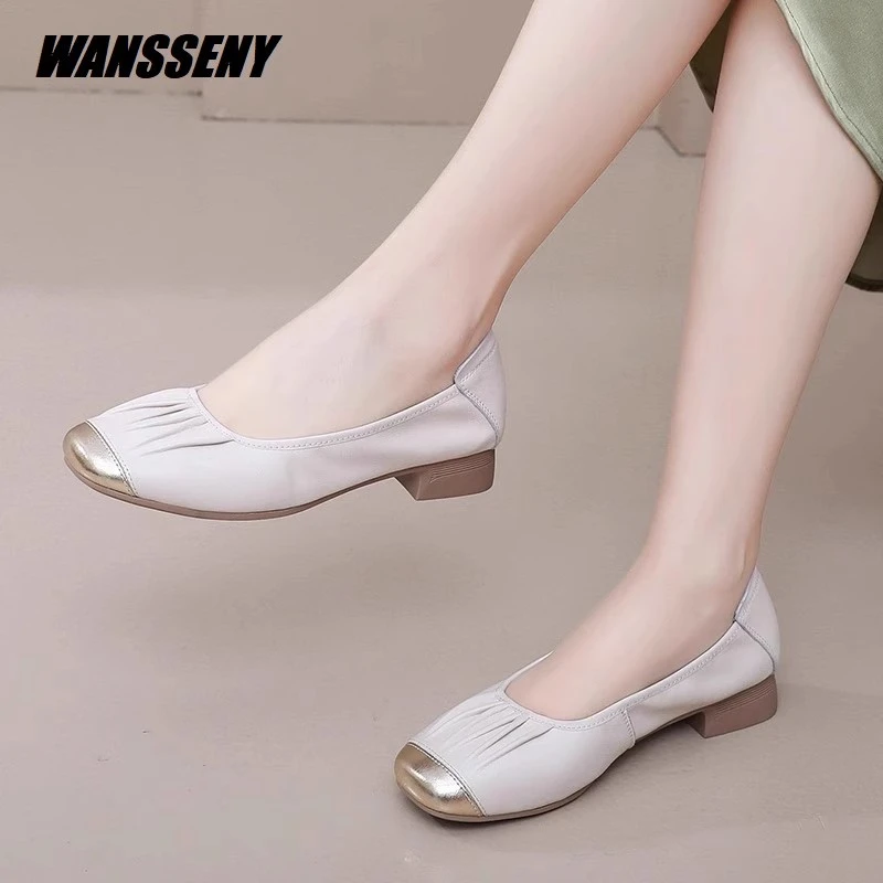 WANSSENY2025年真皮平底百搭单鞋女休闲豆豆鞋软底大码方头低跟鞋