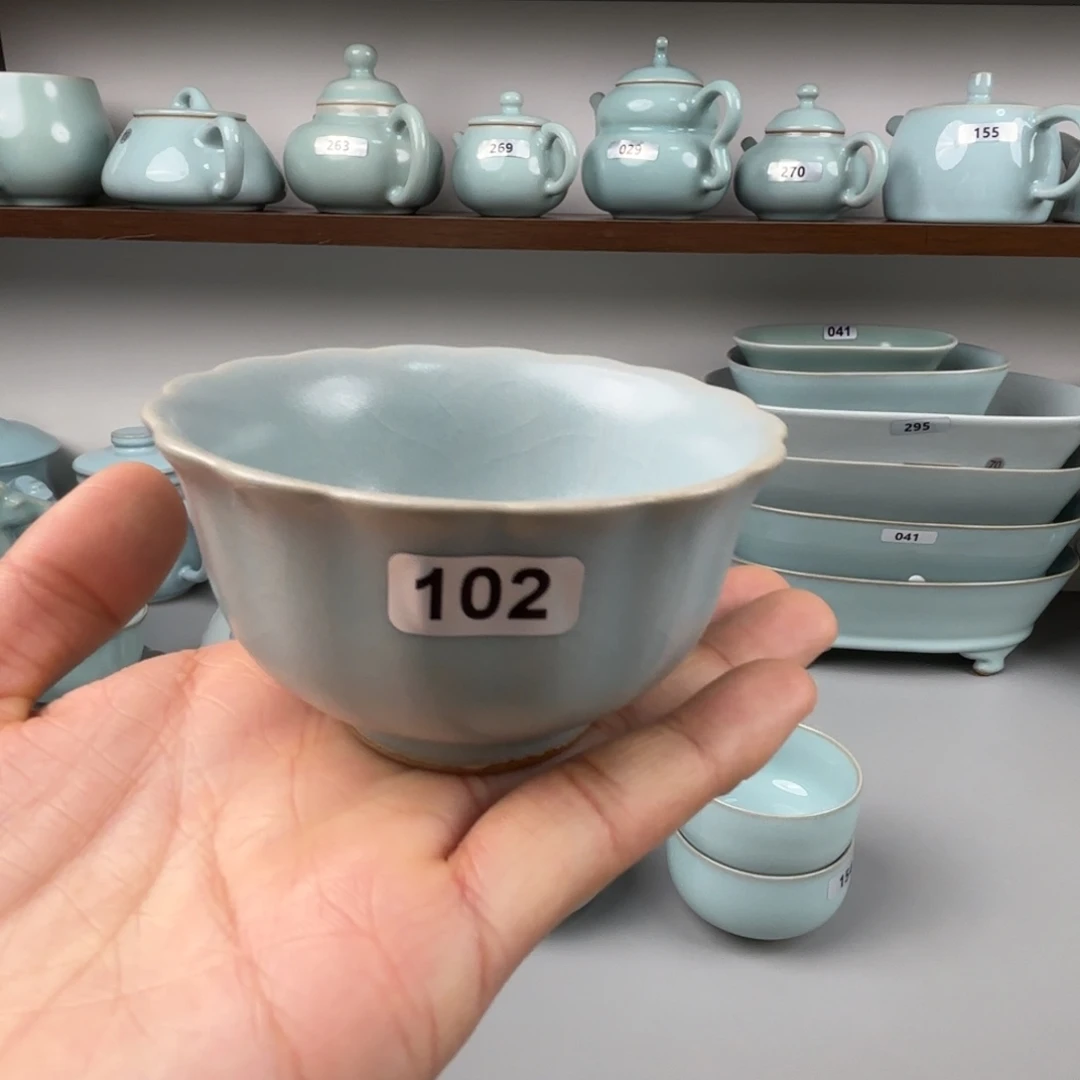 摆件陶汝瓷花口杯圈足烧仿古釉孤品特价102