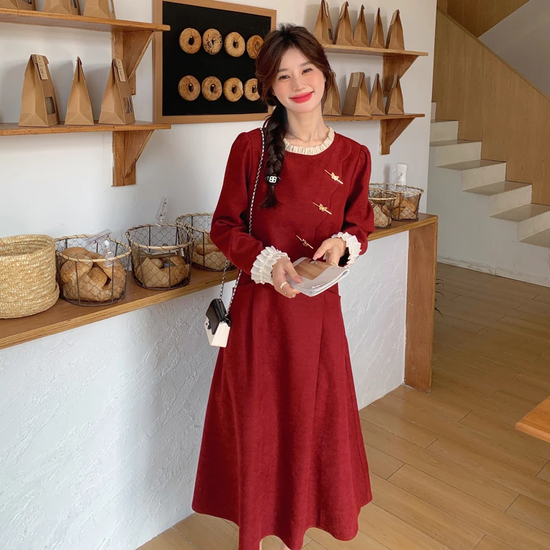 复古红色木耳边拼色连衣裙女高级感气质时尚洋气2025秋季新款长裙