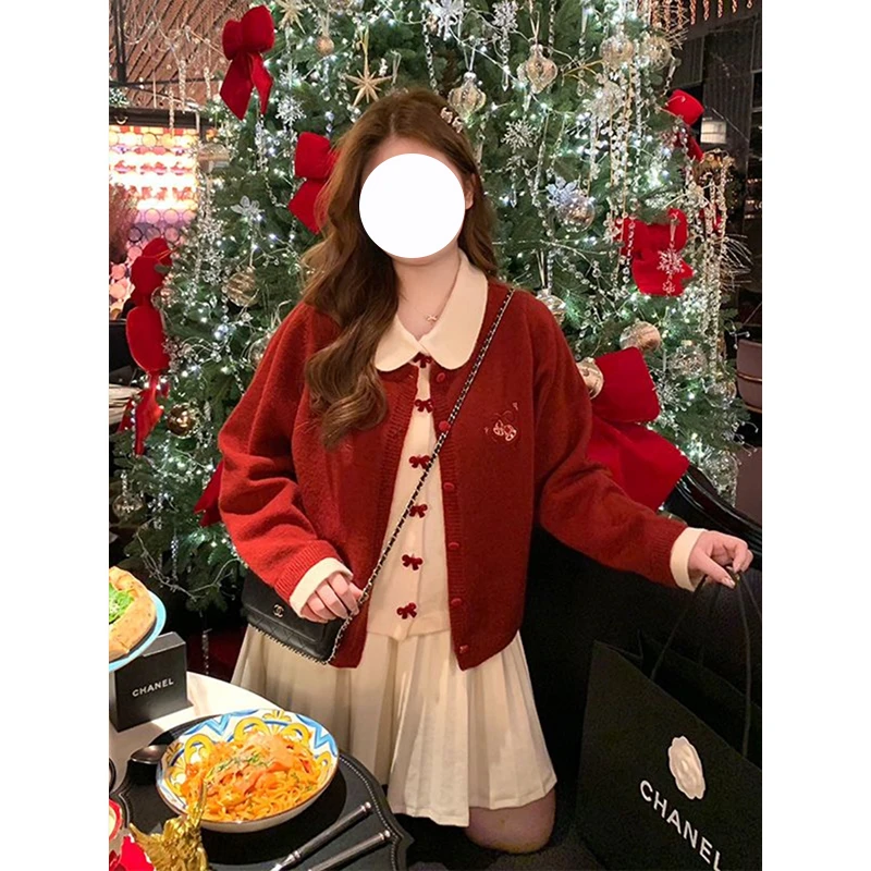 胖mm大码蝴蝶结软糯新年红色假两件针织开衫2025秋冬新款减龄毛衣