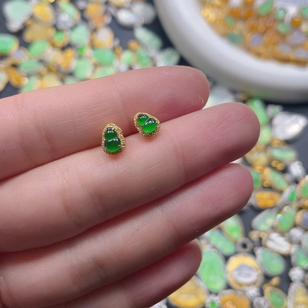 翡翠耳饰18K金镶嵌天然翡翠18kA货