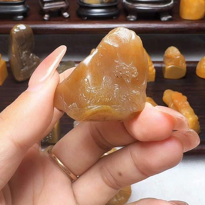 寿山石印石对艺薄意摆件