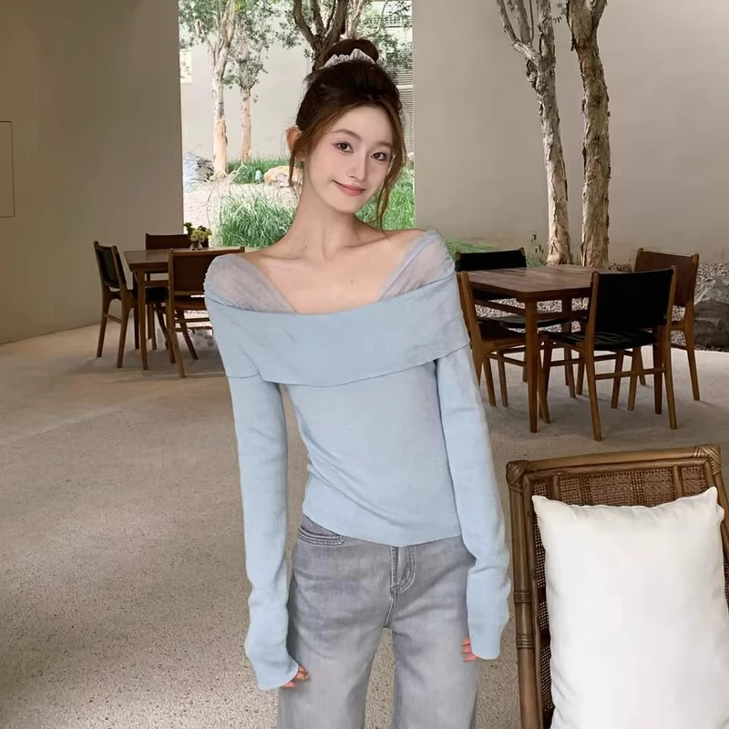 早春高级感小众纯欲网纱拼接一字肩打底针织衫洋气显瘦长袖上衣女