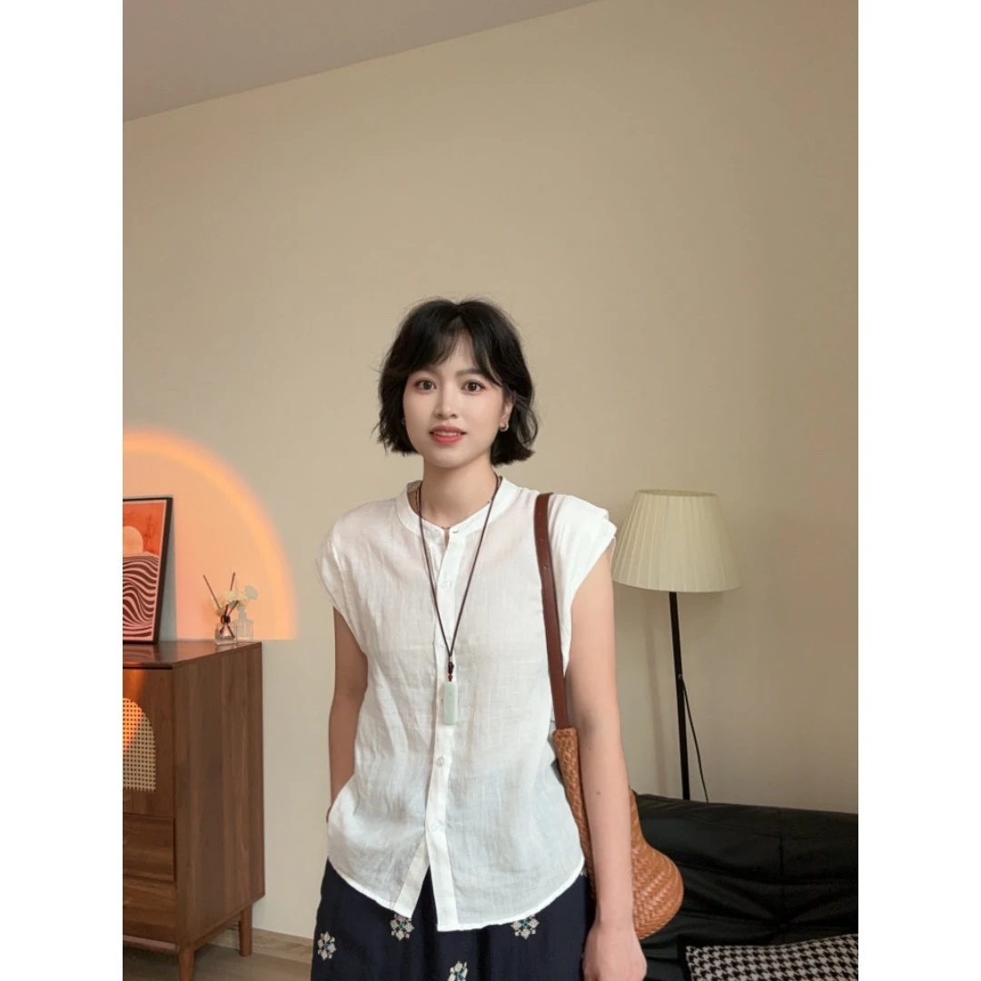 「苎麻小衫」100%苎麻夏季时尚圆领小飞袖无袖衬衫Q0399