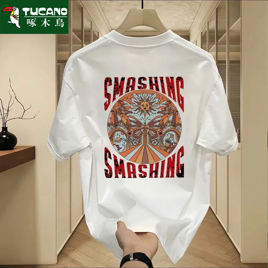 啄木鸟时尚重磅纯棉百搭短袖男装高端休闲t恤山水印花学生ins潮牌