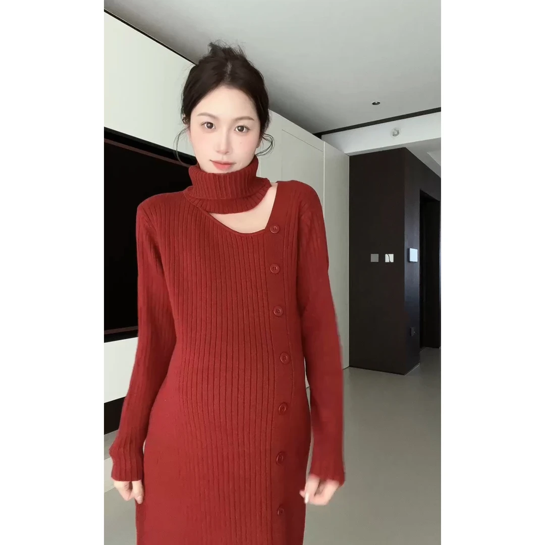 senenmu 围脖长裙 显瘦百搭气质针织连衣裙孕妇装
