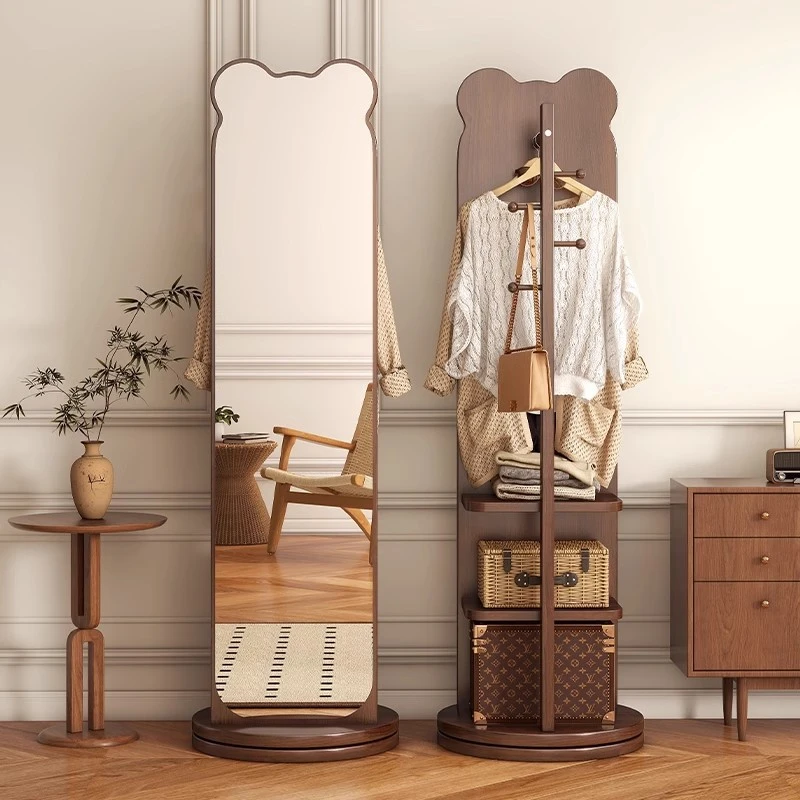 小熊全身镜可移动落地镜家用穿衣镜实木旋转挂衣帽架一体穿衣镜