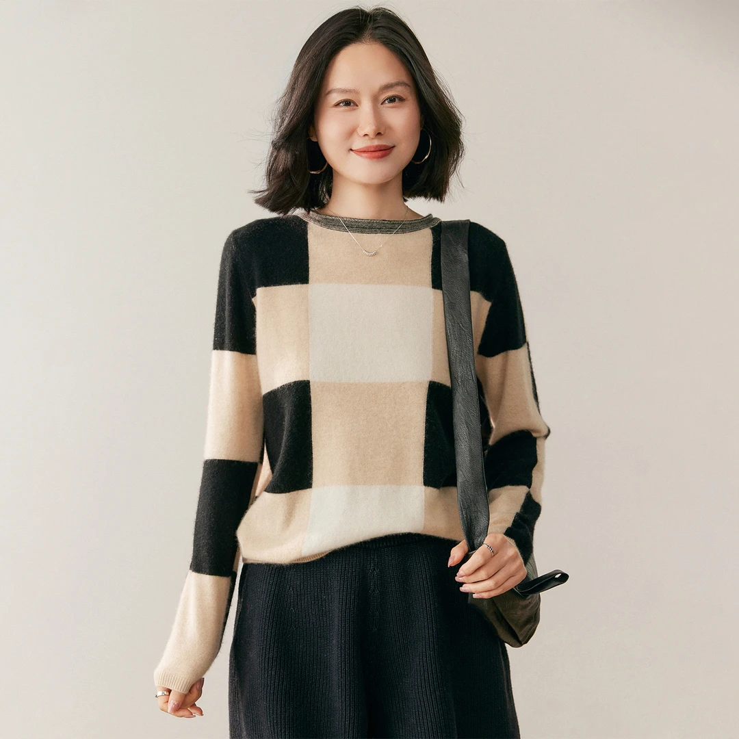 针织圆领拼色薄款羊绒衫复古上衣撞色羊绒衫冬季新款女装打底毛衣