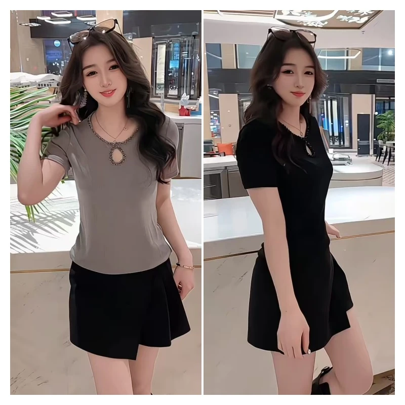 2025新款轻奢小众高级感收腰短袖上衣网红洋气炸街女装打底衫百搭
