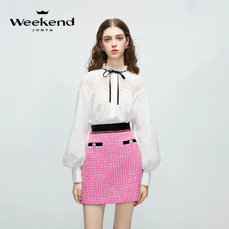 卓雅周末木耳领蝴蝶结蕾丝拼接灯笼袖衬衫EJWEAN37