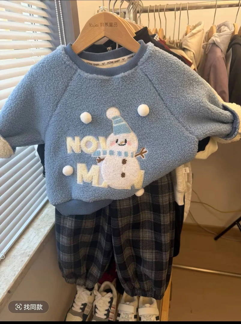 【加绒加厚】2025新款加绒雪人玩偶立体韩版套装洋气休闲韩版男女童