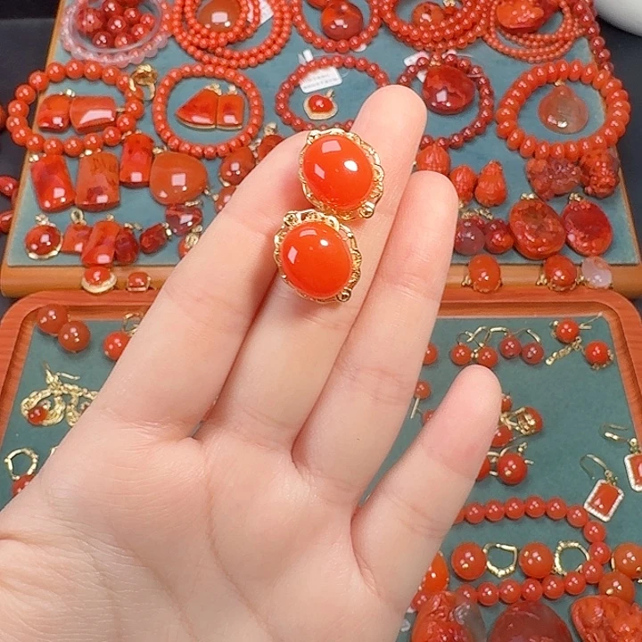 南红玛瑙银S925镶嵌耳环