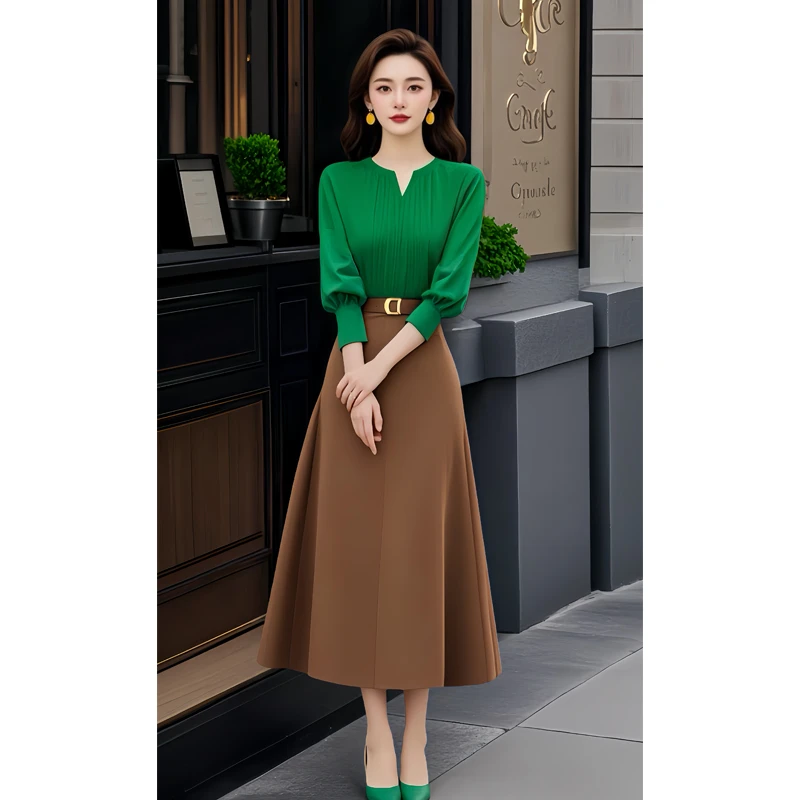 五一出游穿搭女装千金清冷感贵系洋气衣服女绿色上衣半身裙套装