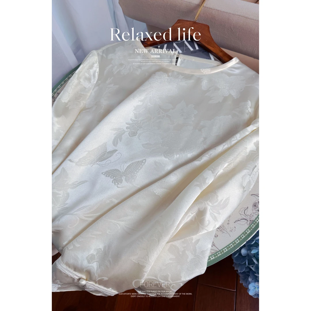 【25282】中国红真丝上衣长袖衬衫气质桑蚕丝印花衬衣设计感