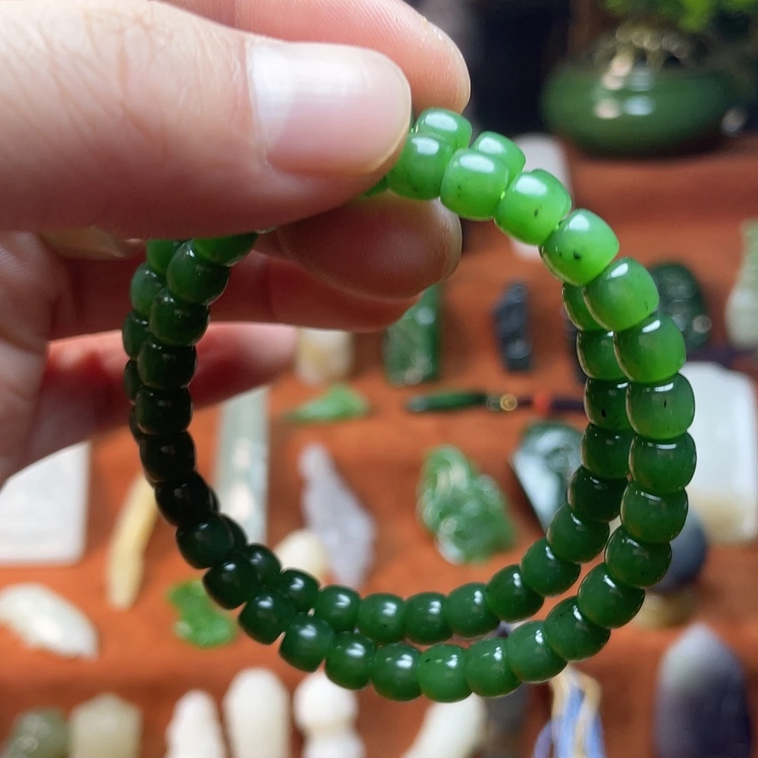 和田玉未镶嵌手链俄料碧玉直切手串带证书