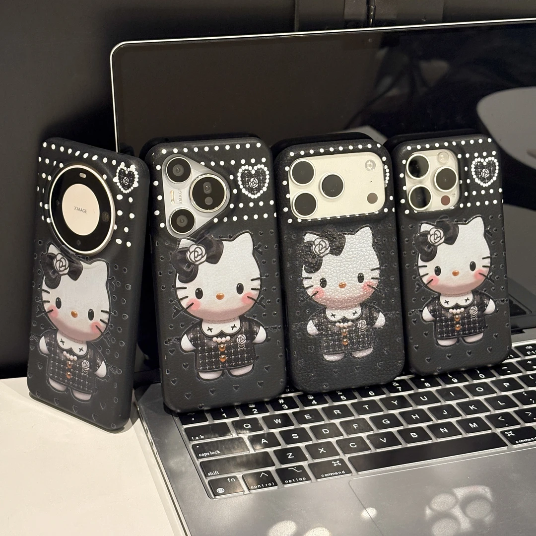 黑白kt适用苹果17手机壳iPhone16PM华为p80可爱皮纹tpu防摔mate70