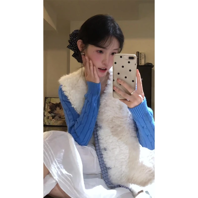 2025秋季新款女法式气质毛茸茸宽松马甲百搭V领修身长袖毛衣上衣
