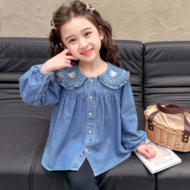 潮走女童衬衫春夏2025新款儿童秋季洋派休闲 女宝宝娃娃领牛仔外