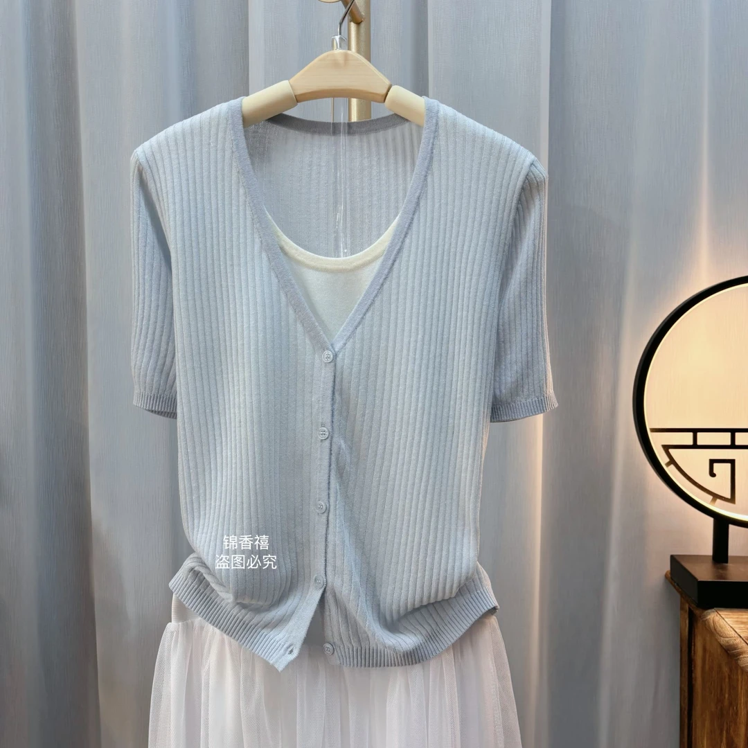 [V750蓝月]夏季设计感假两件V领显白针织衫短袖
