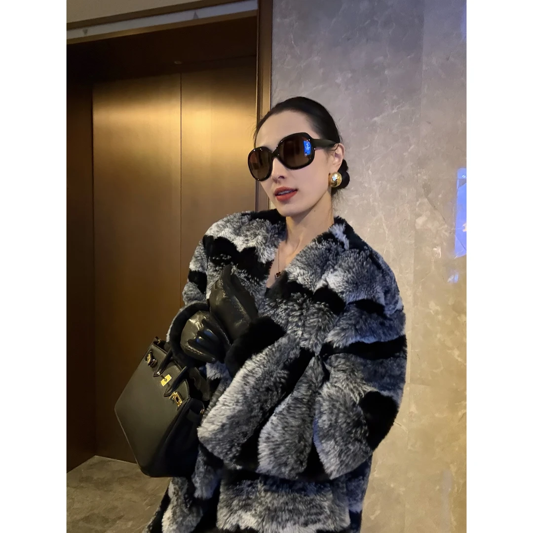 【苍山覆雪】SY-秋冬高级感轻奢厚款女重磅毛毛外套V领休闲拼接时尚