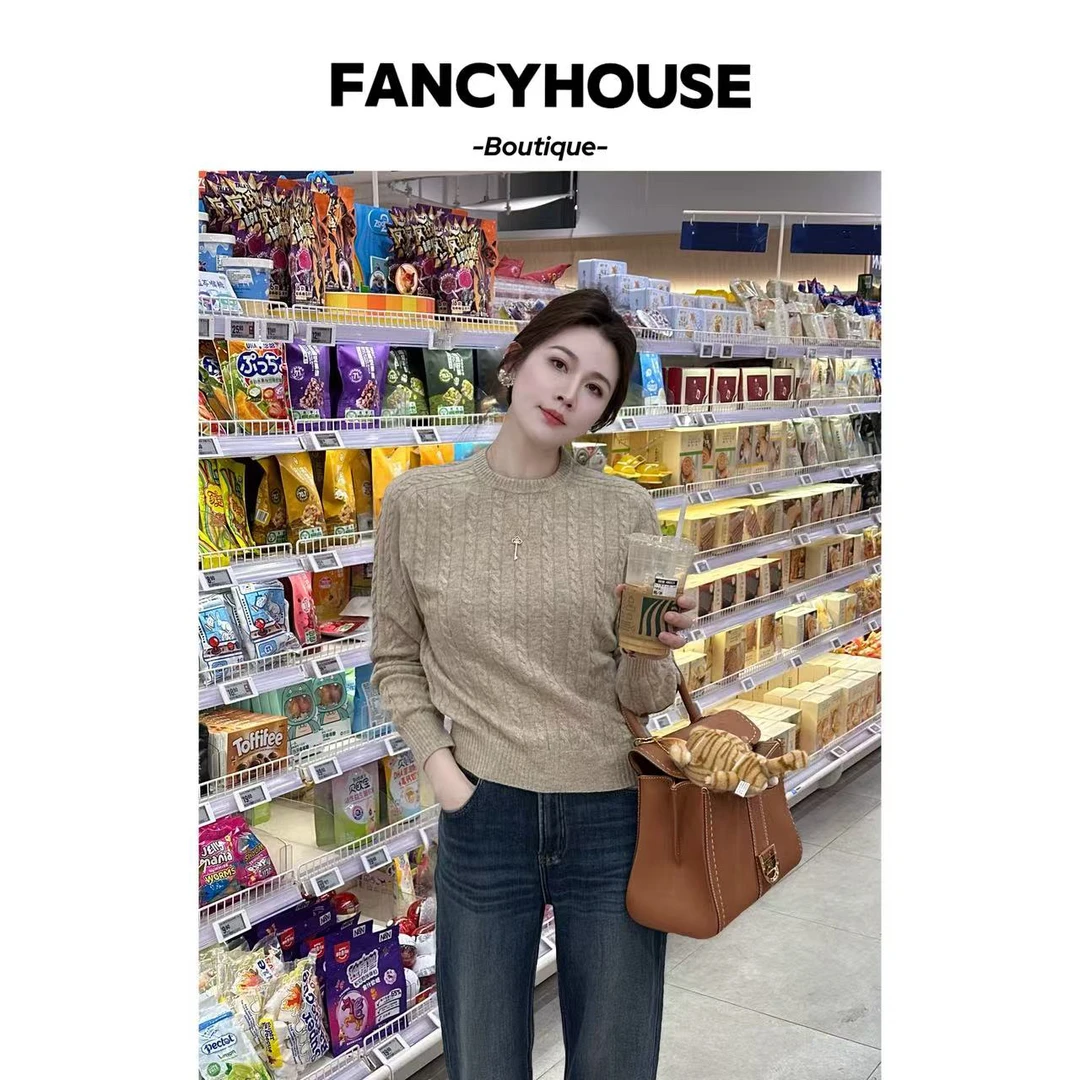 FANCY【老钱针织】加厚纯羊毛麻花圆领针织毛衣秋冬内搭针织zs91064