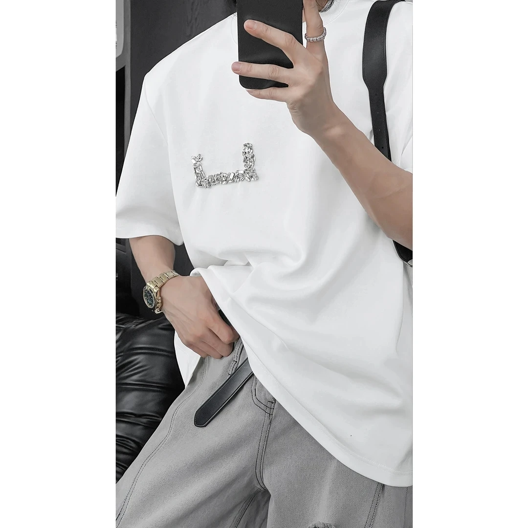 2025夏季新款重磅手工络花钻饰设计款圆领短袖T恤简约百搭半袖T恤