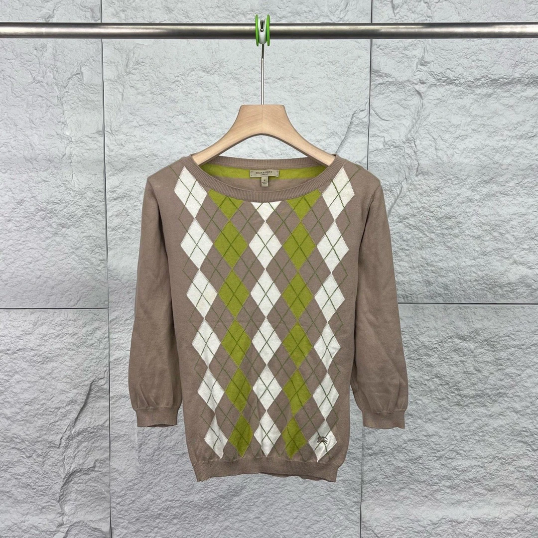 99新 BURBERRY/博柏利 S码/绿色全棉菱格针织衫/14258035