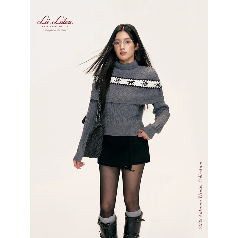 《旺旺雪宝专属》Liilou 羊毛混纺麻花纹高领披肩V领长袖毛衣两件套