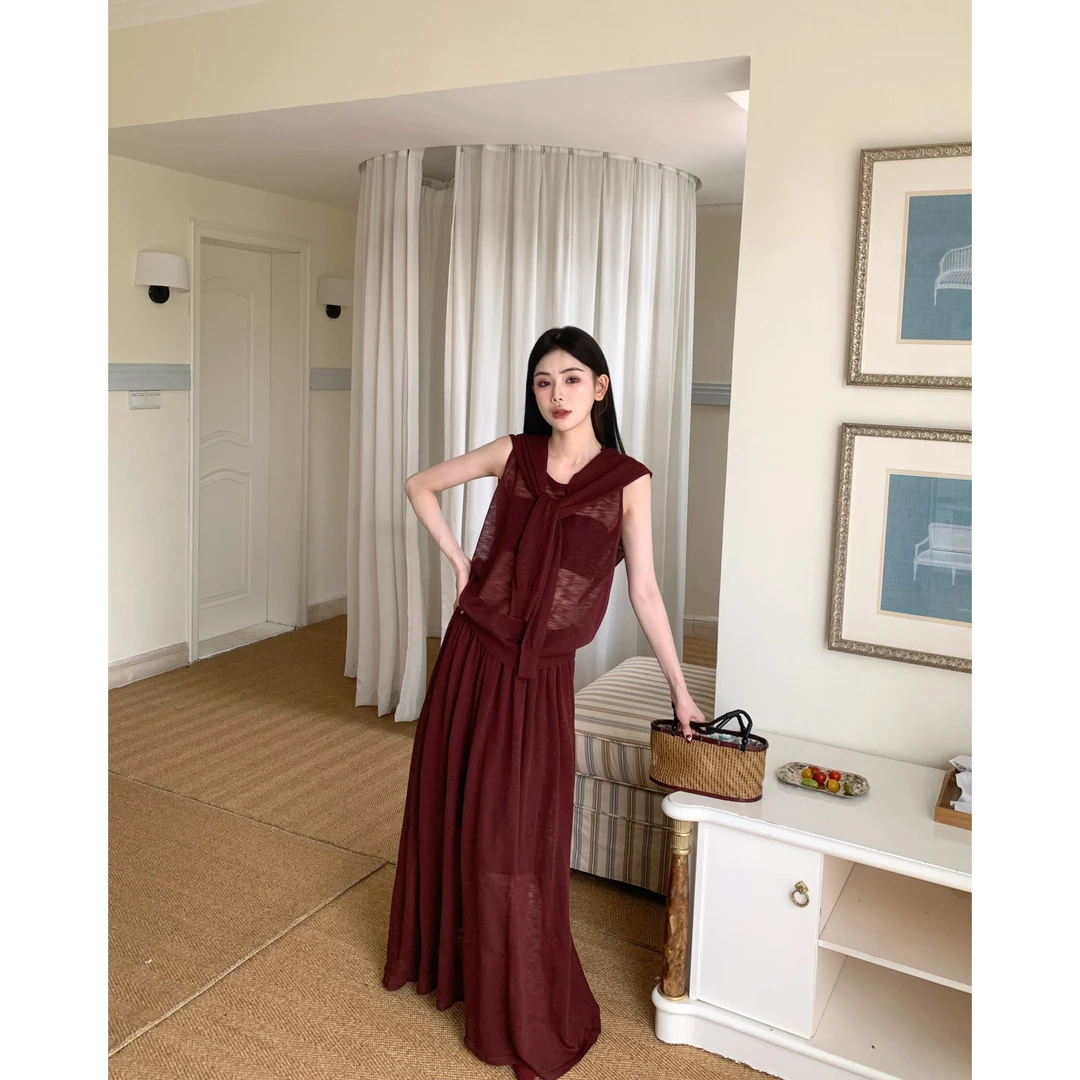 【为自己着迷！】B-96053 法式V领无袖背心显瘦绑带系带上衣+半身裙