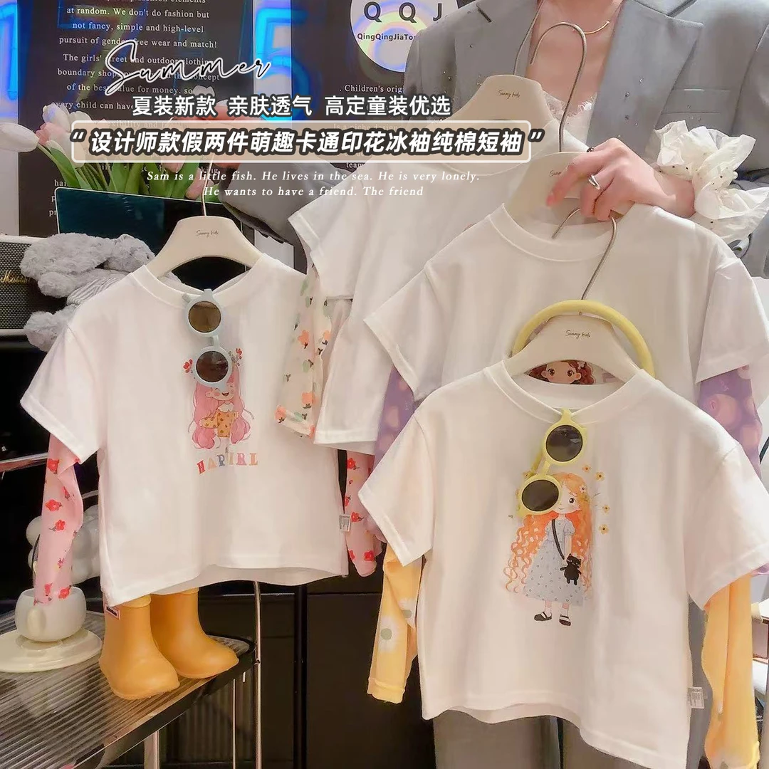 打底衣服洋气夏季热卖女童棉童装T恤假两件新款透气舒适宝宝上衣