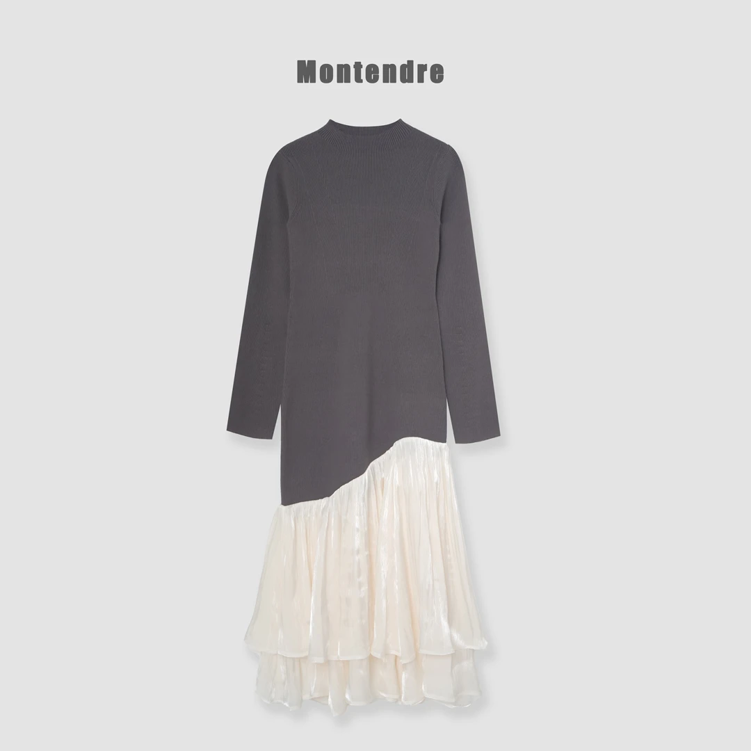 【Montendre】秋冬新款 G  圆领时尚罗纹针织拼接撞色光泽感连衣裙