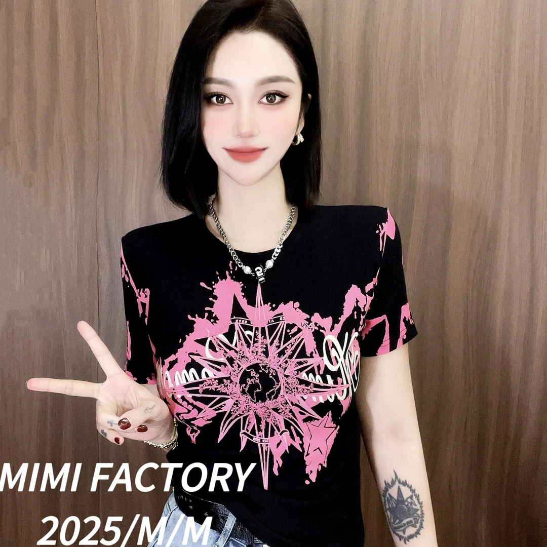 芈芈 2025新款短袖 欧货几何满印短袖T恤女时尚修身上衣