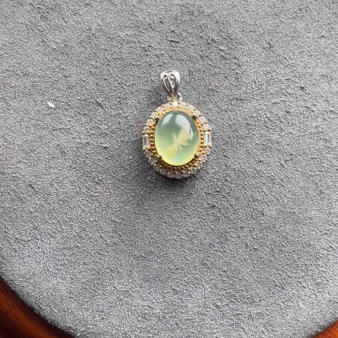 银S925镀金镶嵌蛇纹石玉颈饰