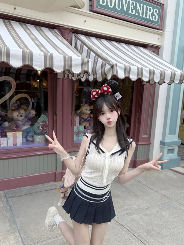 一粒曲奇 海军风纯欲感藏蓝色蝴蝶结半裙