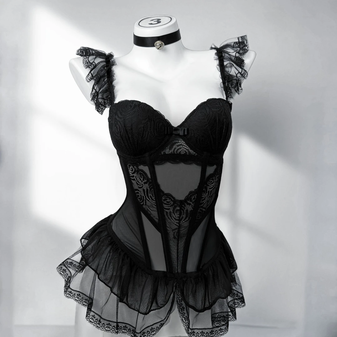 刘掰掰【黑天使】90-210斤时尚蕾丝镂空性感吊带新款女士睡裙套装